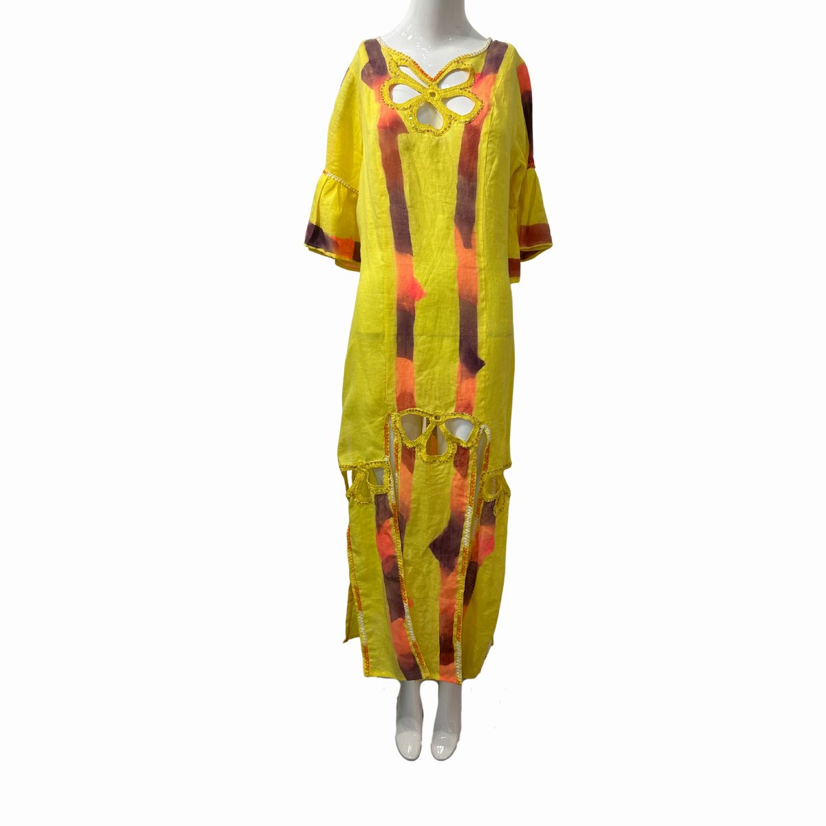 Myriam A. Floral Cutout Neck Bell Sleeve Midi Kaftan Dress Yellow One Size
