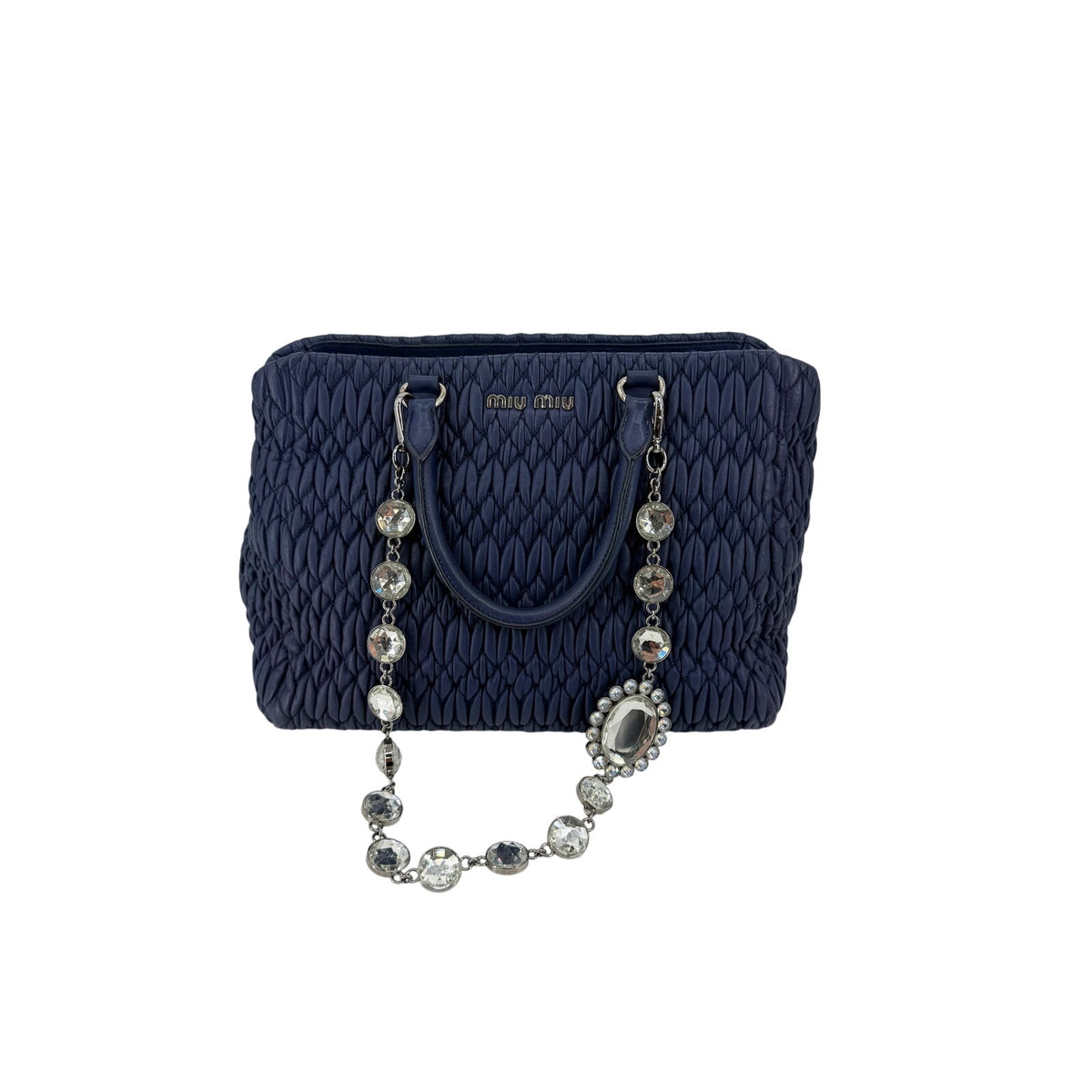Miu Miu Nappa Crystal Matelasse Top Handle Tote Navy Blue Leather Chain Strap