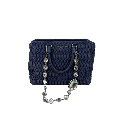 Miu Miu Nappa Crystal Matelasse Top Handle Tote Navy Blue Leather Chain Strap