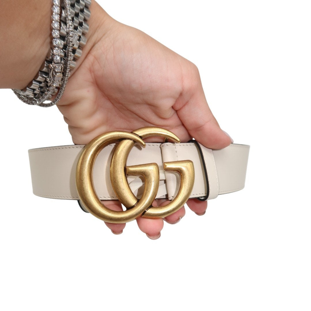 Gucci Leather Double G Marmont Gold Buckle Logo Leather Belt