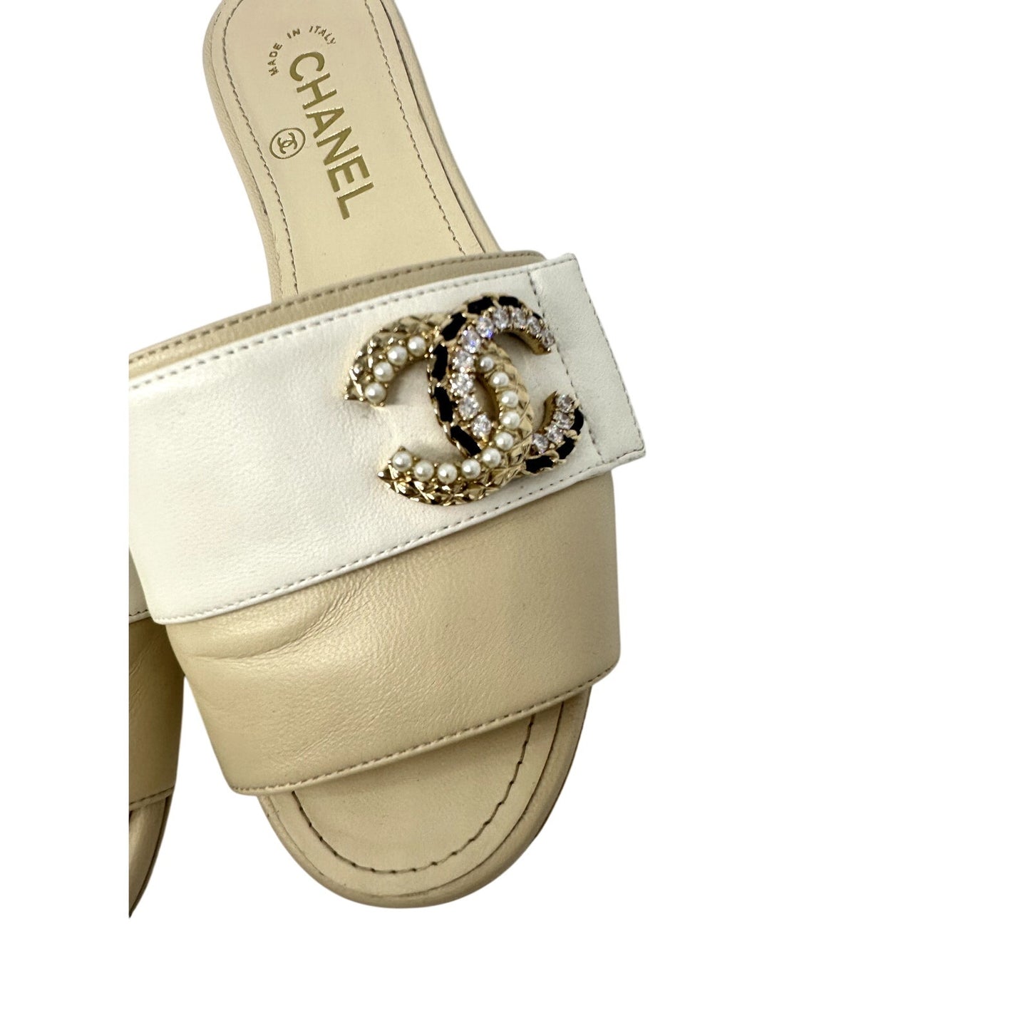 Chanel Leather Pearl Crystal CC Logo Slide Mules
