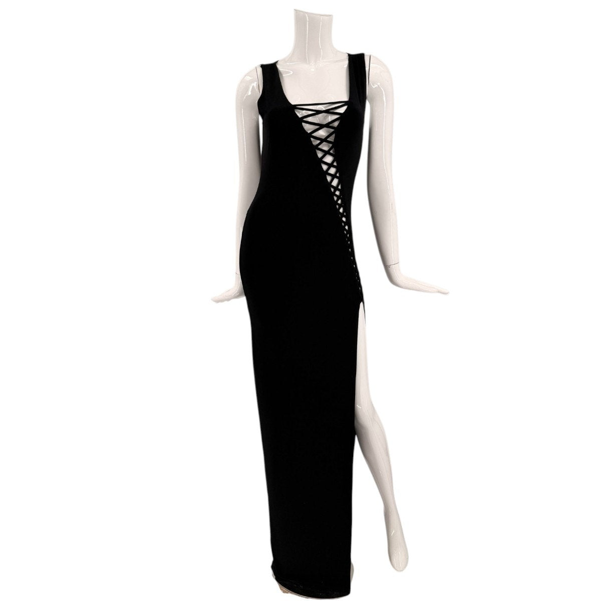 Foreign Exchange Lace-Up Corset-Like High Slit Maxi Dress Black Women's Size M
