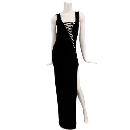 Foreign Exchange Lace-Up Corset-Like High Slit Maxi Dress Black Women's Size M