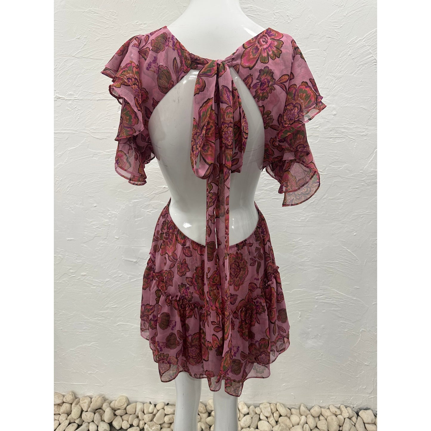 Misa Los Angeles Chiffon Floral Ruffle Pleated Shahdi Mini Dress Pink Size S
