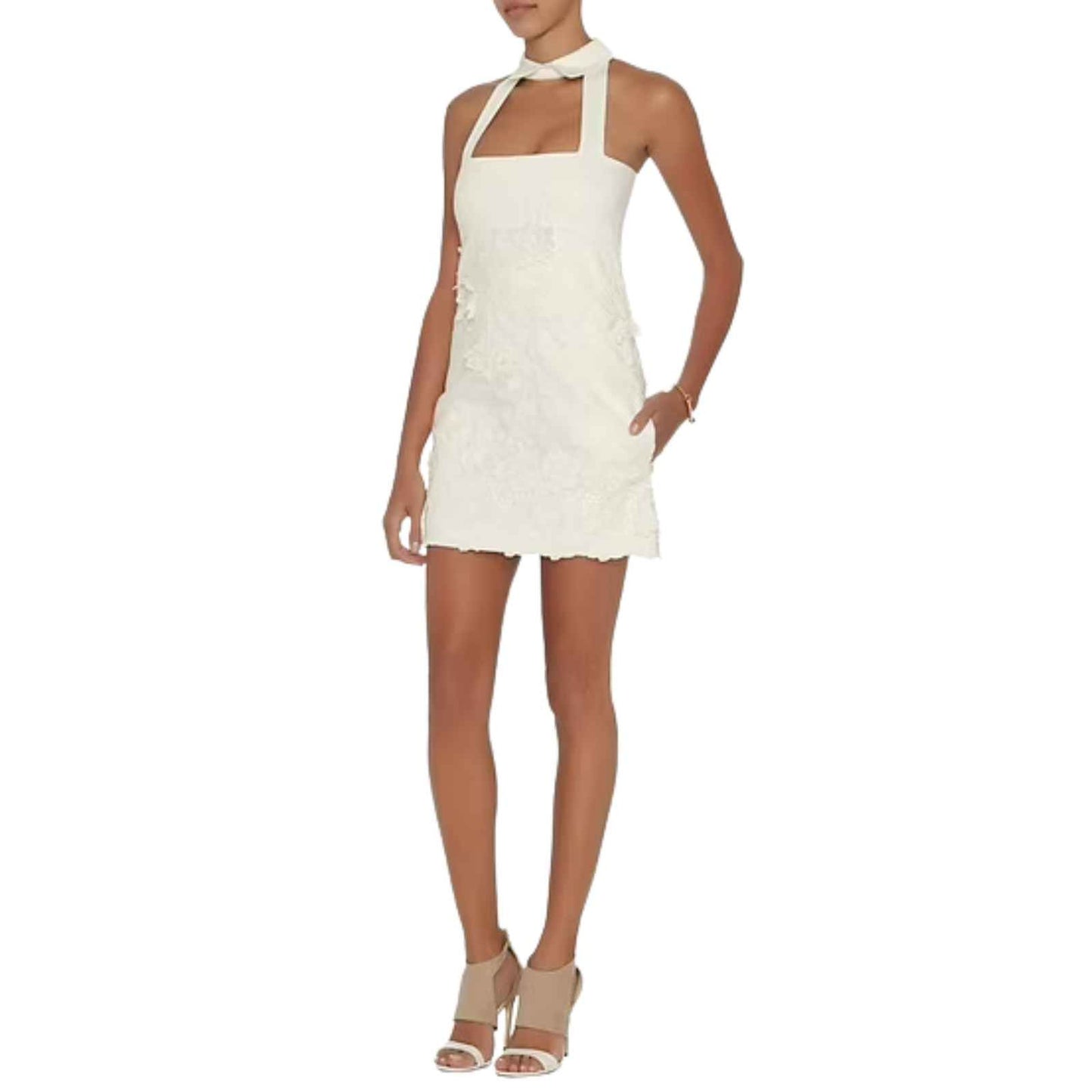 Alexis Bruna Ivory Floral Lace Halter Collared Mini Dress Women's Size Large