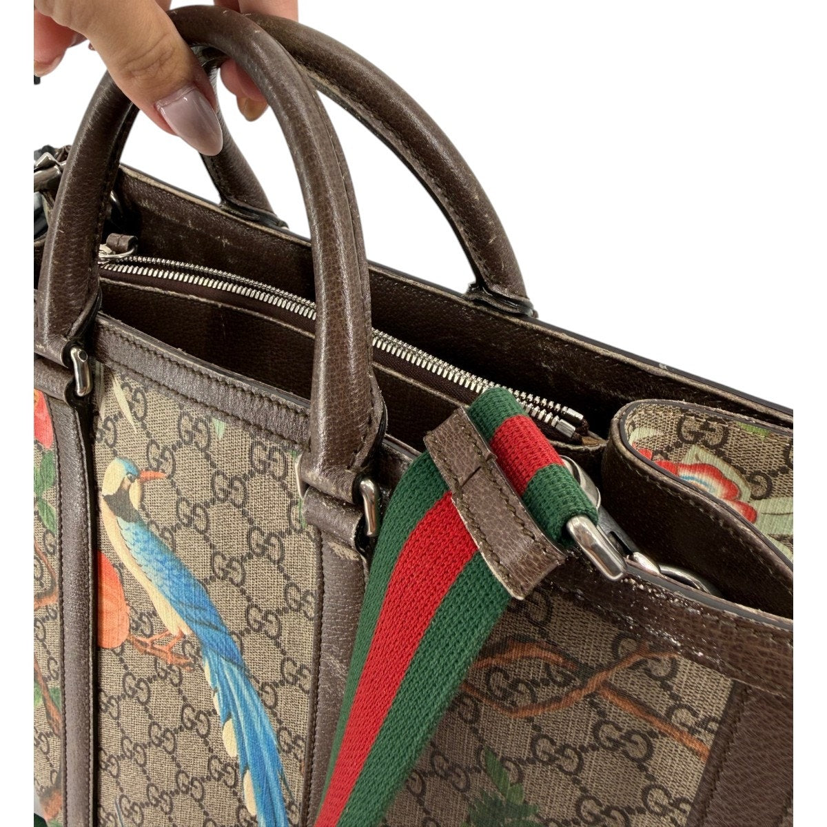 Gucci GG Supreme Tian Leather Tote Bag Ebony Brown Floral Bird Print