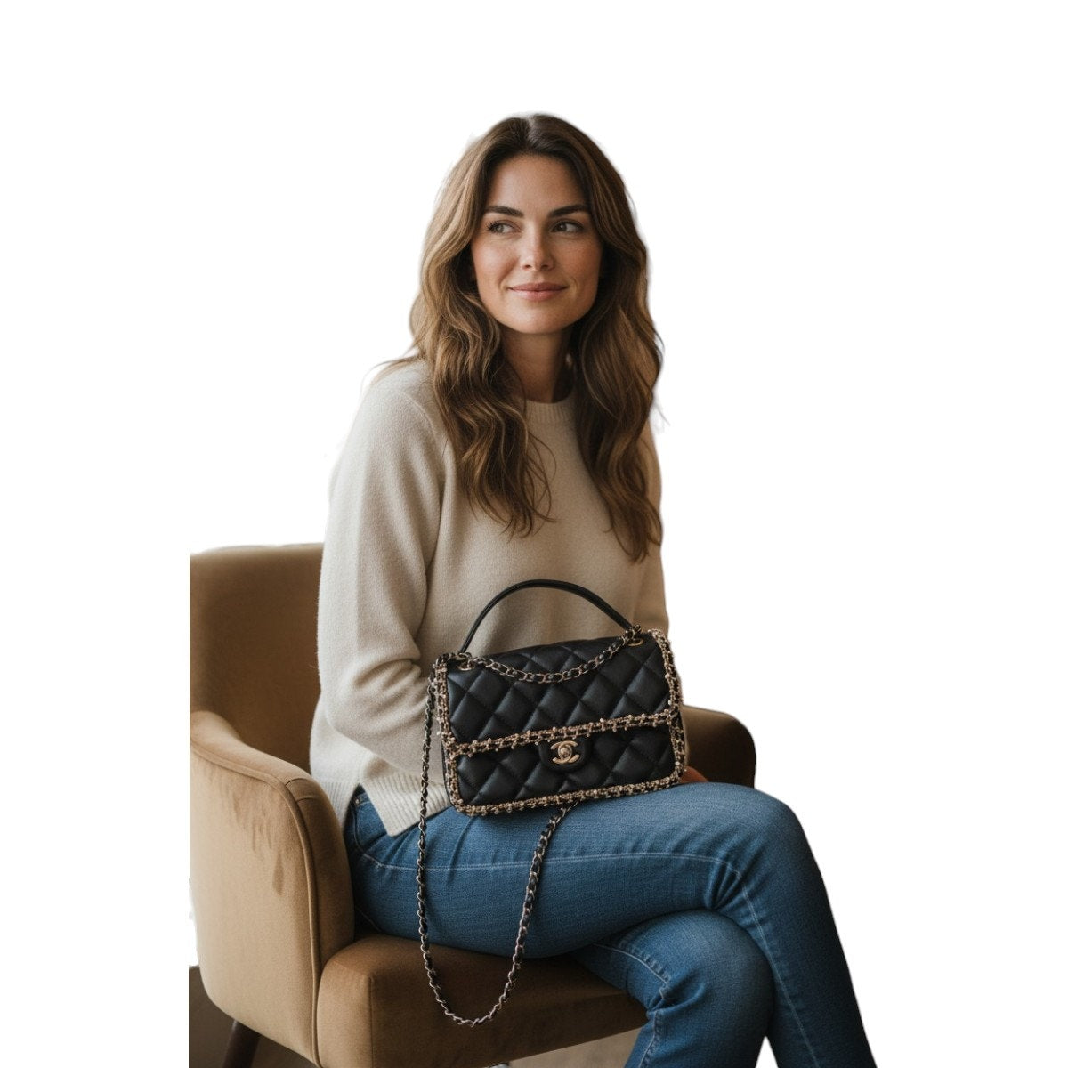 Chanel Leather Quilted CC Logo Pearl Chain Around Flap Shoulder Bag
