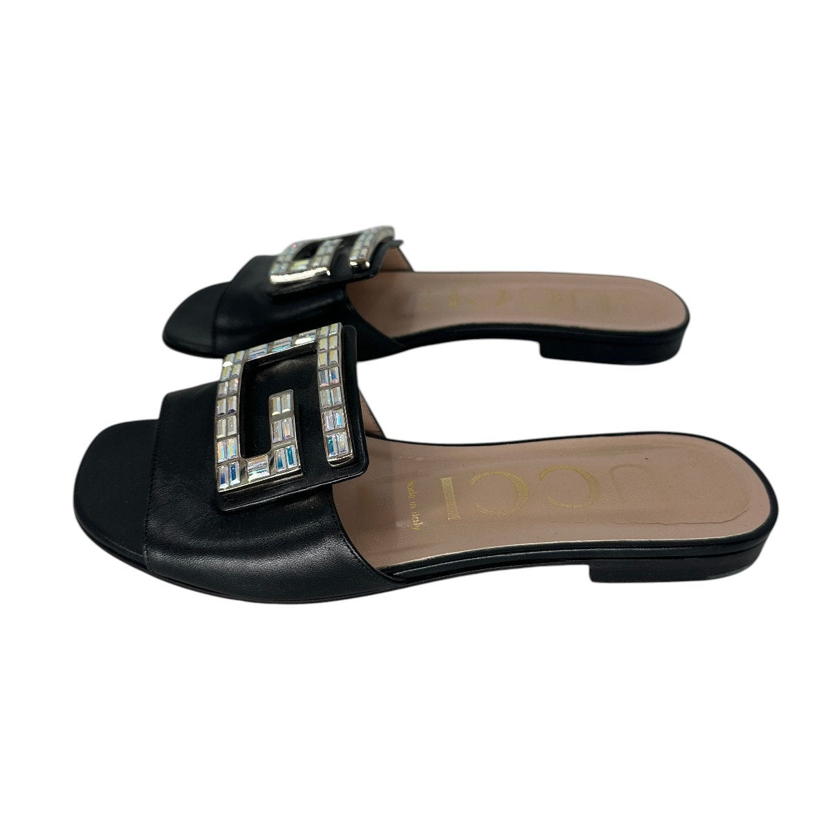 Gucci Leather Madelyn Crystal G Logo Slide Flats Sandals