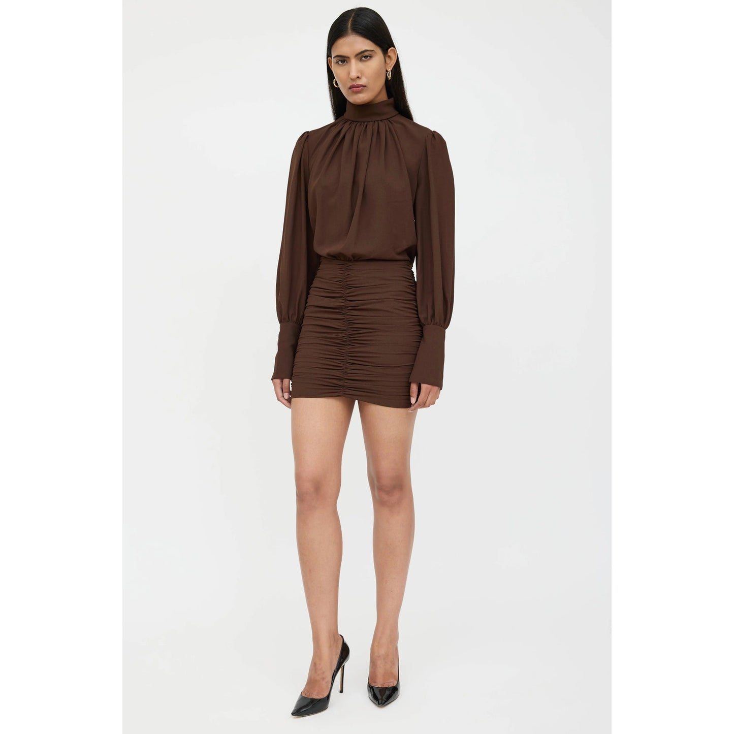 Rony Kobo Yebba Mock Neck Long Sleeve Ruched Pleated Mini Dress