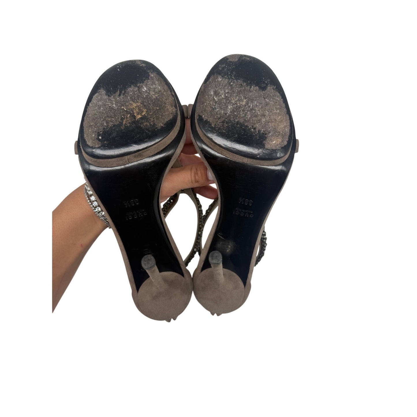 Gucci Suede Crystal Embellishments Naomi T-Strap Sandals
