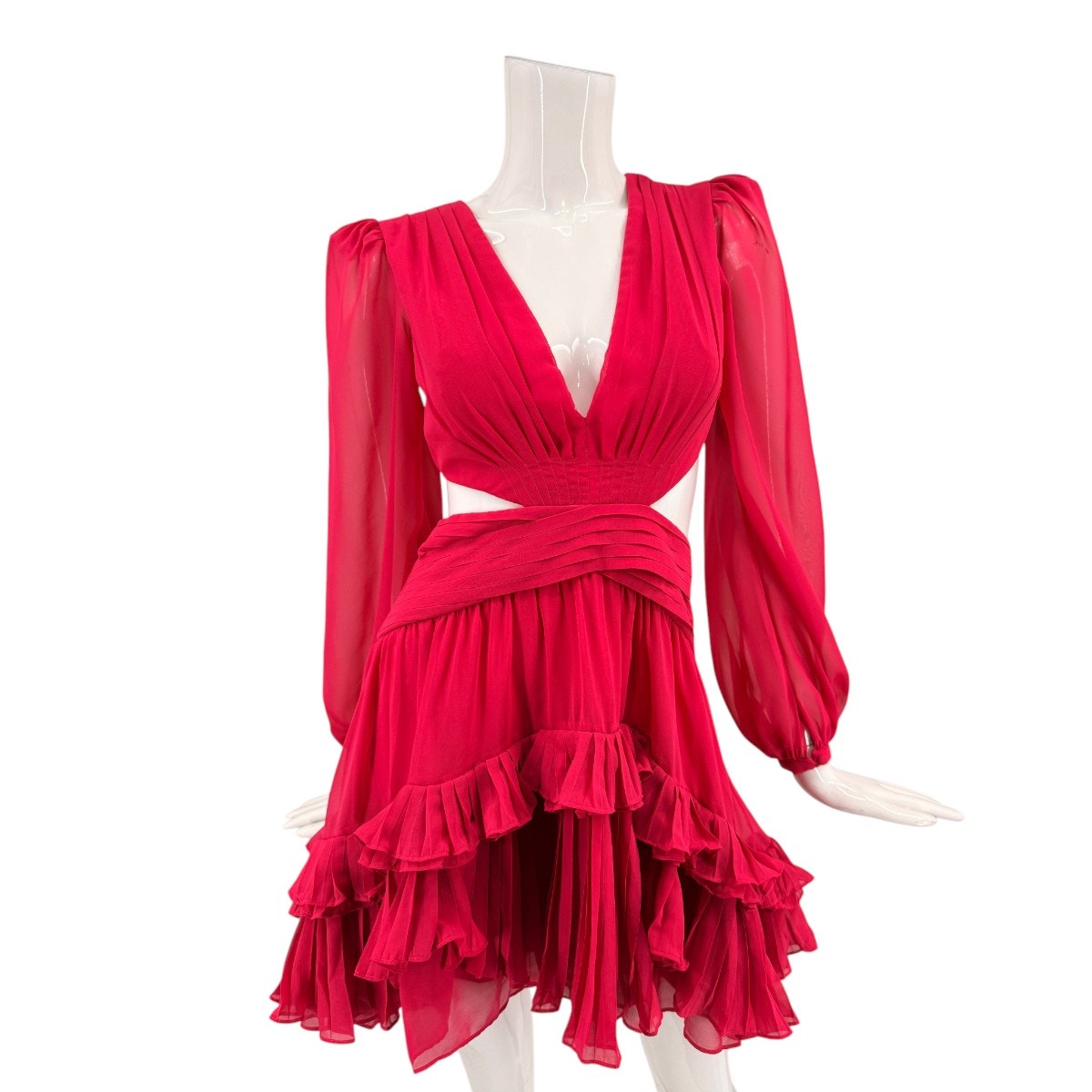 PatBO Chiffon Ruffle Cut-Out V-Neck Puff Sleeve Mini Dress