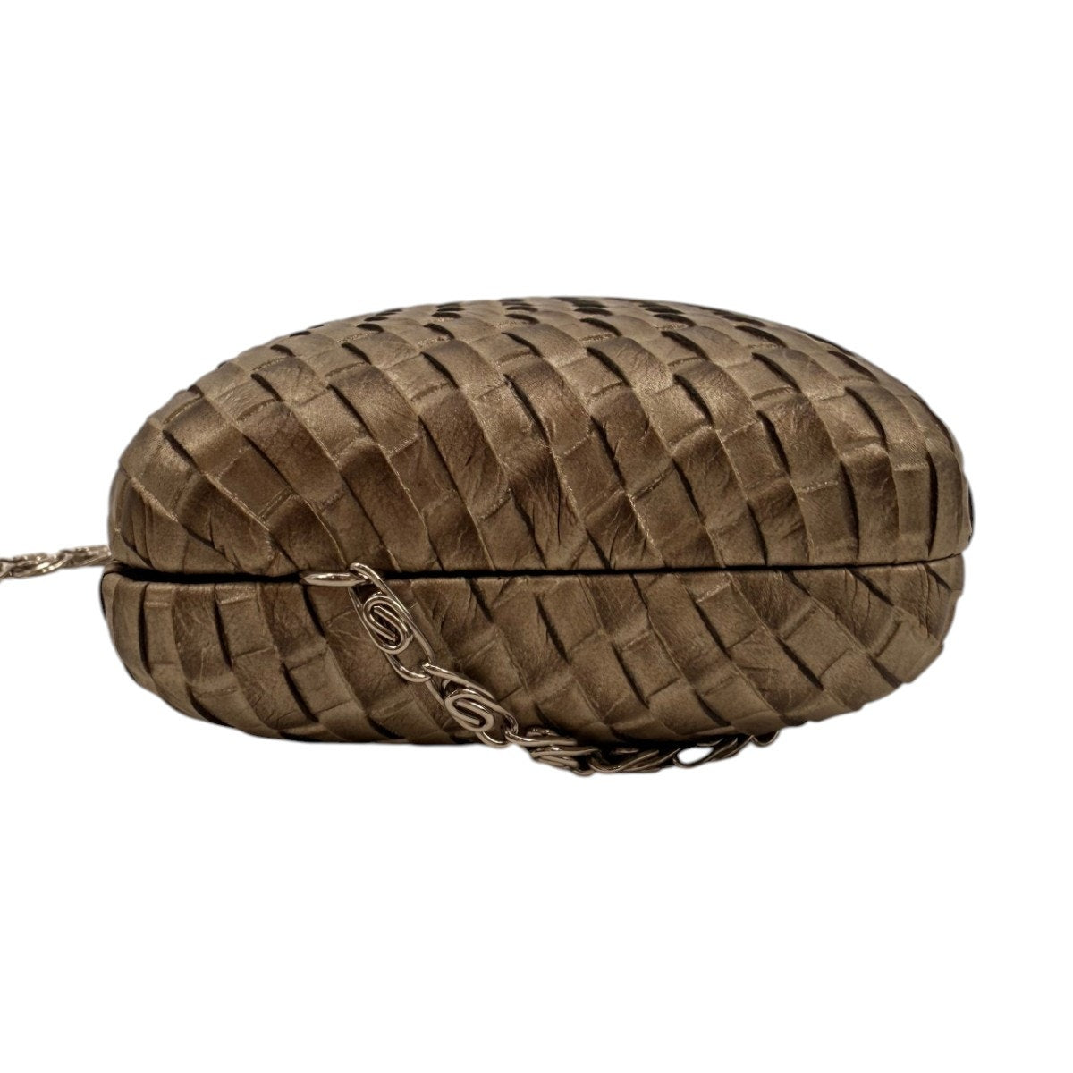 Woven Metallic Box Clutch Bag Taupe Bronze Push Clasp Silver Chain Evening Purse