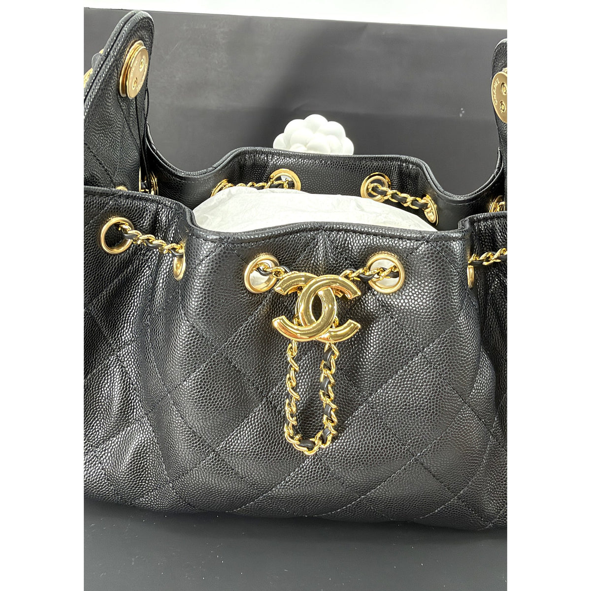 Chanel 25 Mini Black Caviar Gold Hardware Hobo Bag 26B AS5631 New Full Set