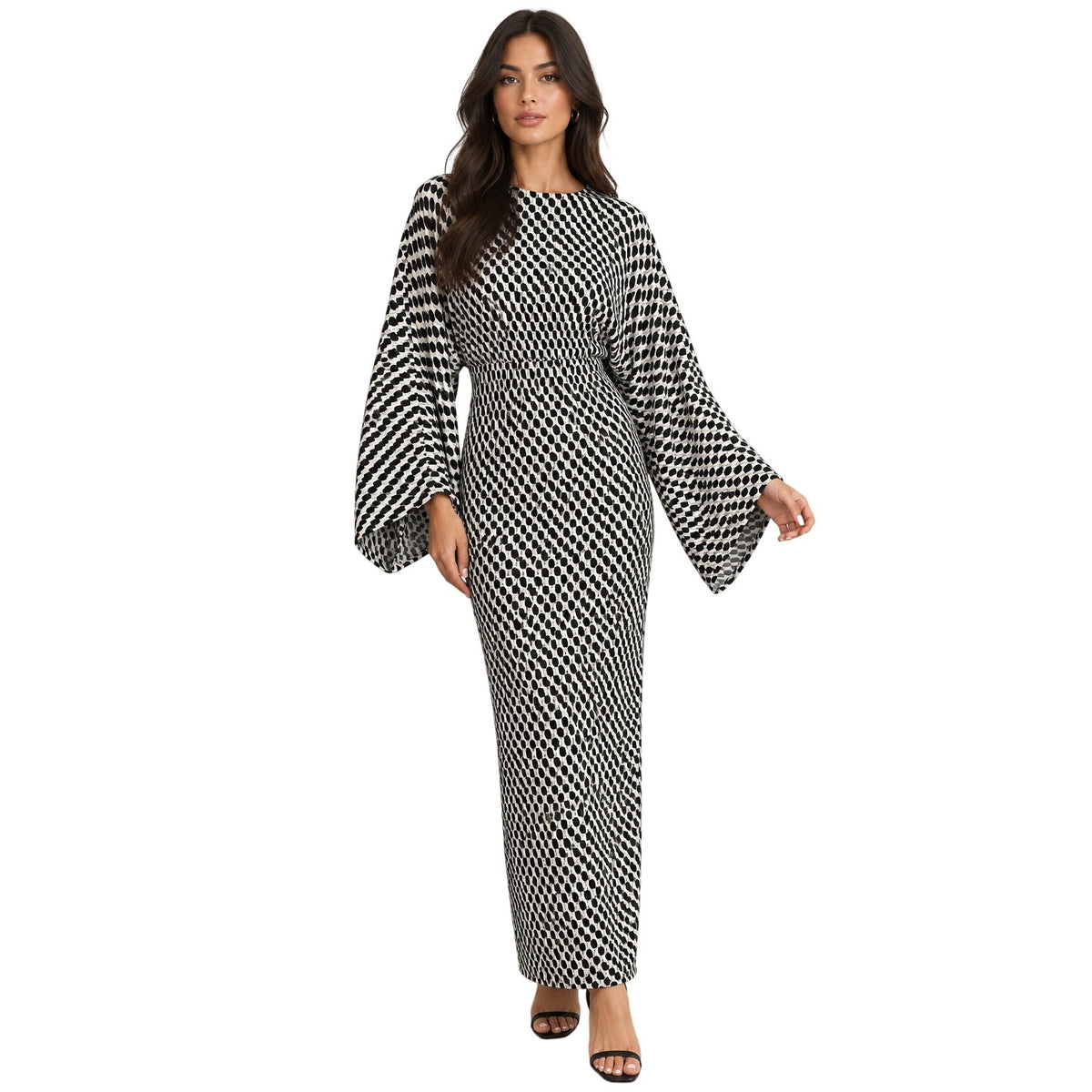 Solace London Mirabelle Black White Geometric Long Sleeve Maxi Dress