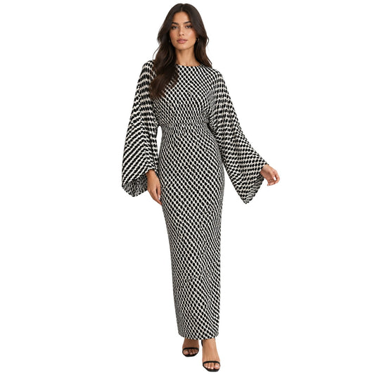 Solace London Mirabelle Black White Geometric Long Sleeve Maxi Dress