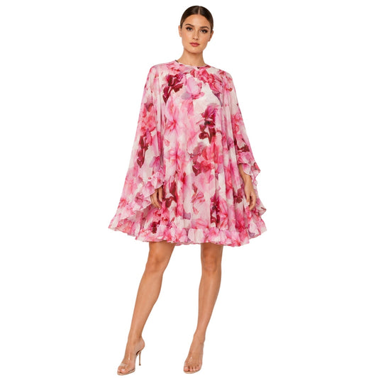 Ieena for Mac Duggal Floral Cape Sleeve Mini Dress