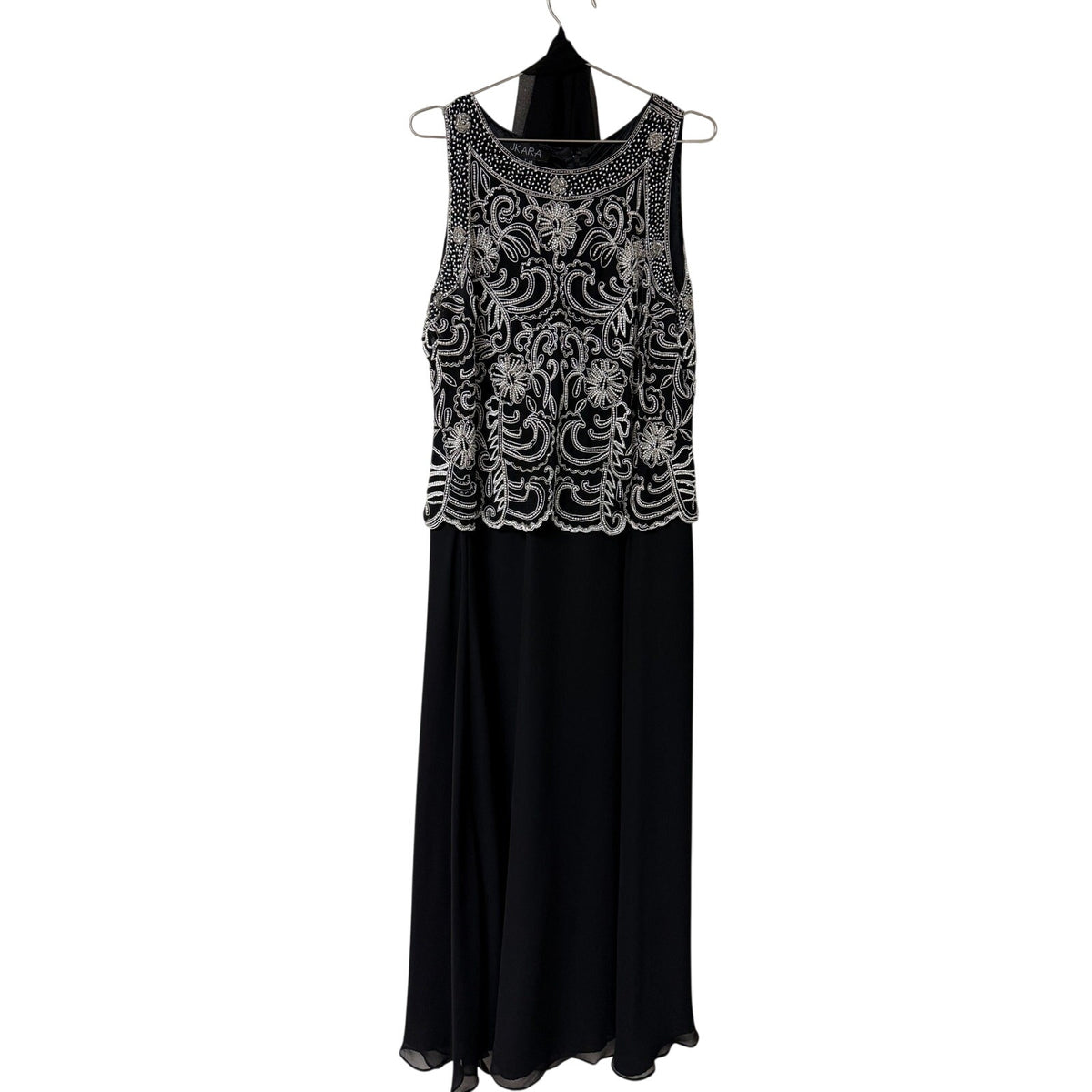 J Kara Black Scallop Beaded Sleeveless A-Line Maxi Dress Sheer Scarf