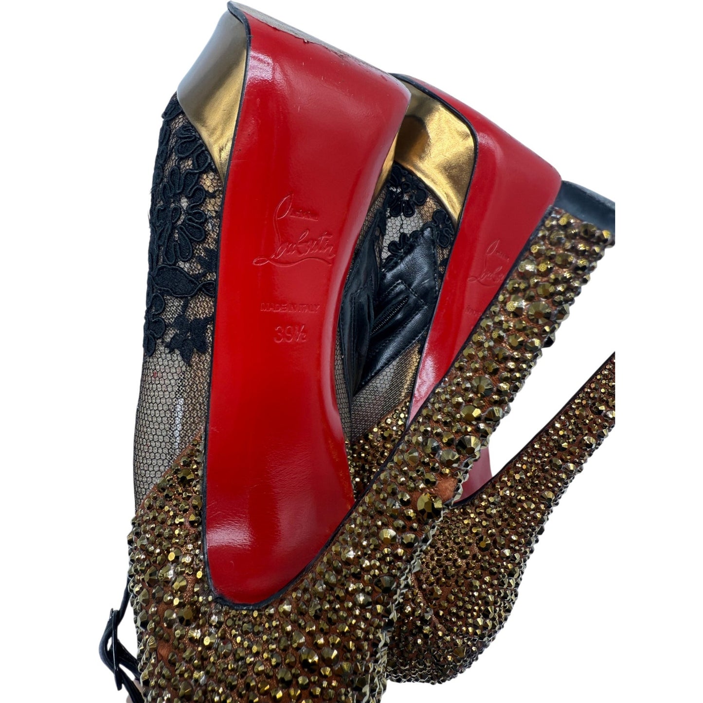 Christian Louboutin Mesh Lace Embroidered Glitter Peep Toe Pumps