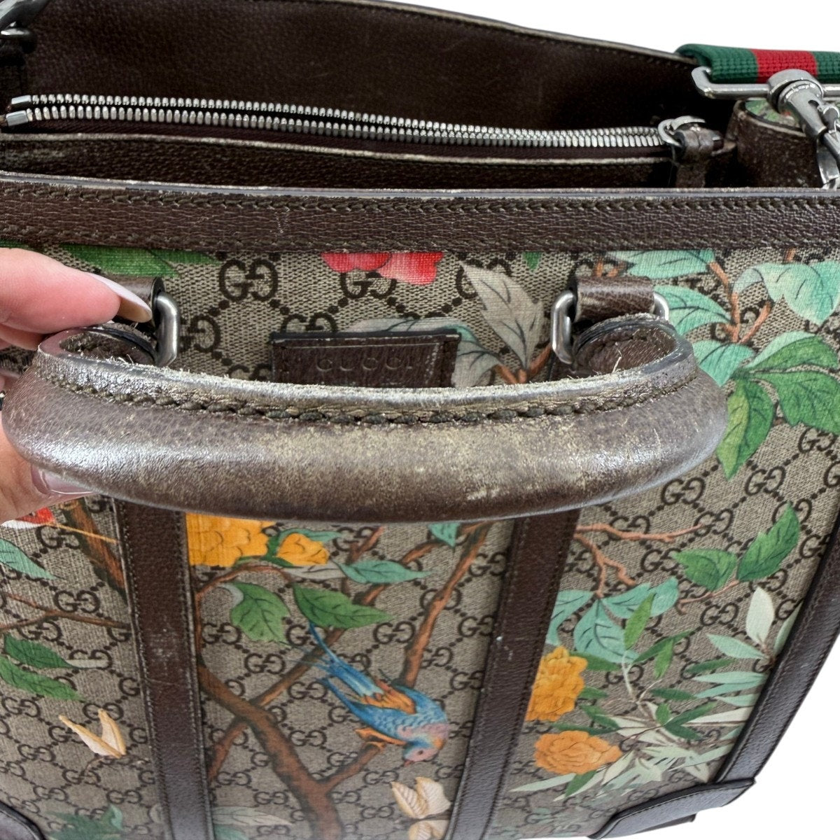 Gucci GG Supreme Tian Leather Tote Bag Ebony Brown Floral Bird Print