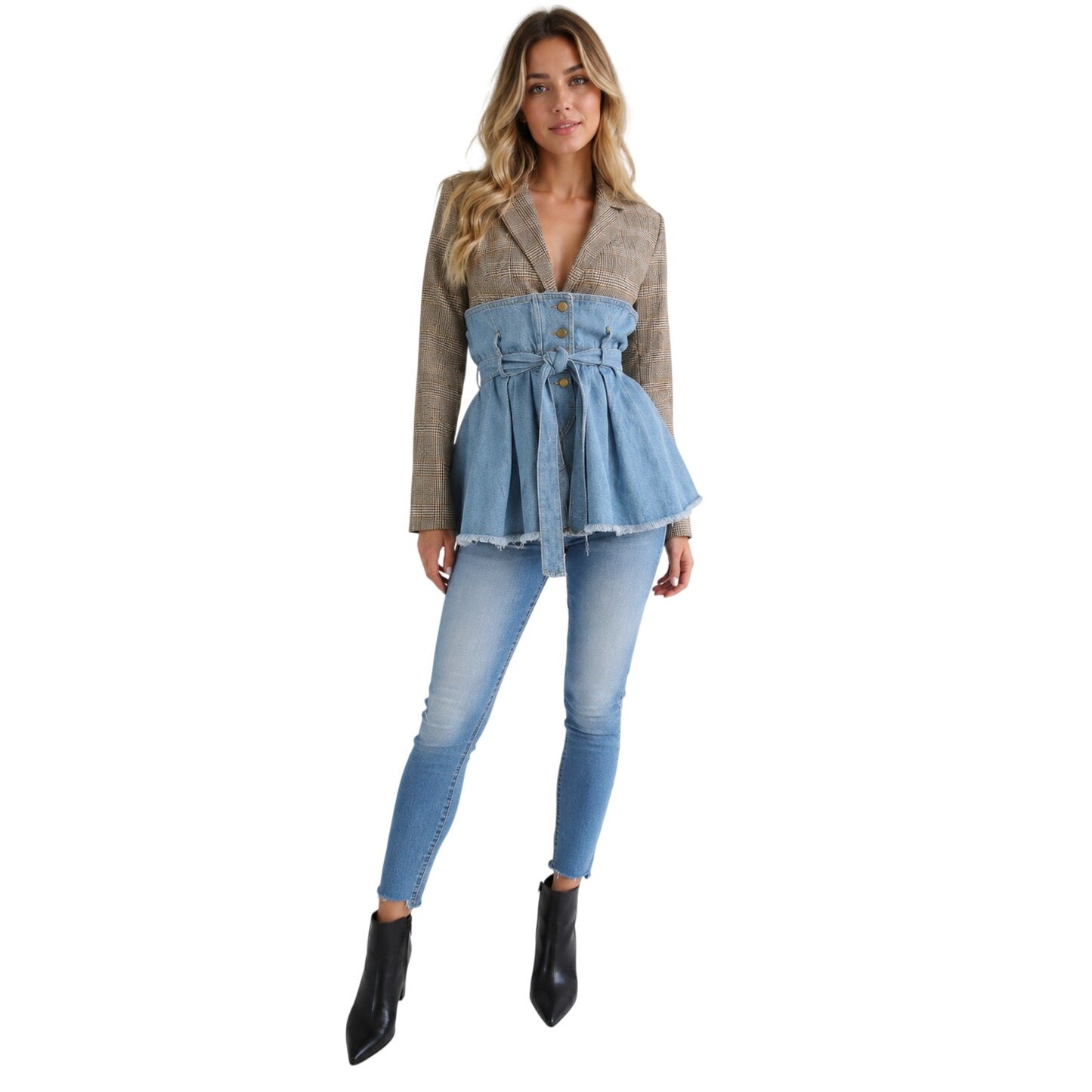 Madonna & Co. Cotton Blend Denim Plaid Blazer