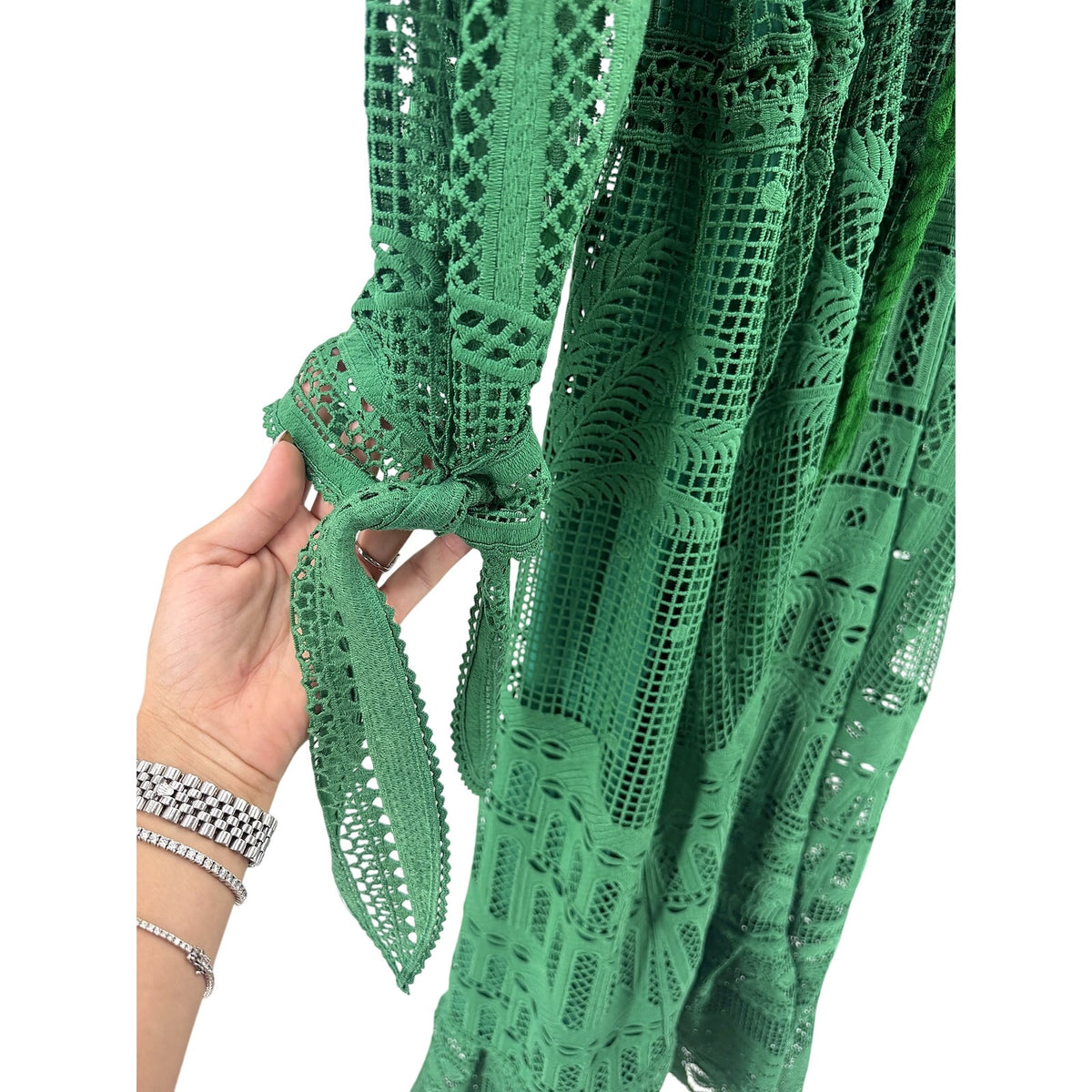 Farm Rio Green Guipure Lace Midi Maxi Dress Palm Motif 306101 Size M
