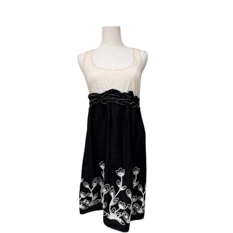 Studio M Cotton Embroidered Ruffle Sleeveless Tank Dress Off-White Black Size M