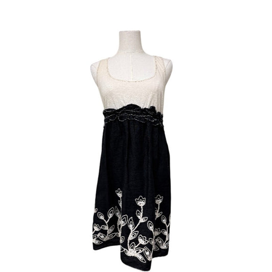 Studio M Cotton Embroidered Ruffle Sleeveless Tank Dress Off-White Black Size M