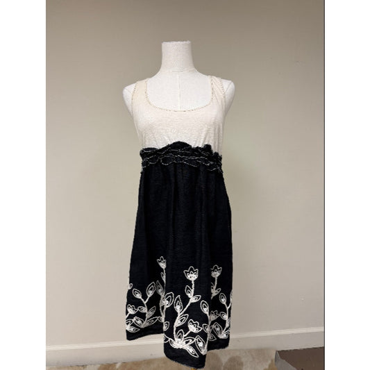Studio M Cotton Embroidered Ruffle Sleeveless Tank Dress Off-White Black Size M