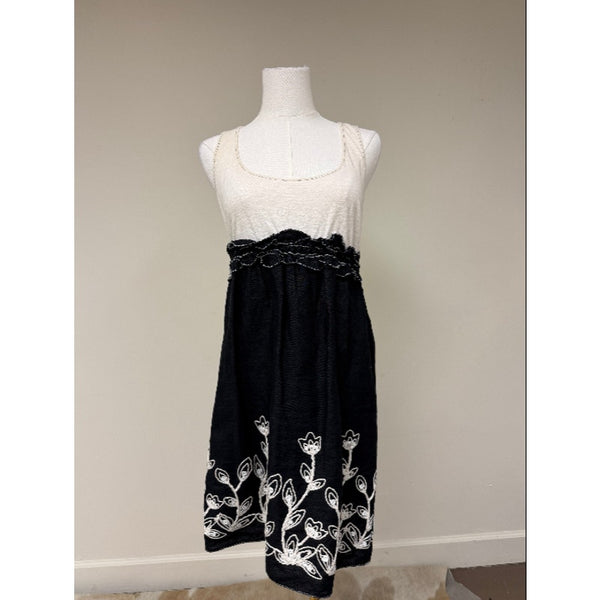 Studio M Cotton Embroidered Ruffle Sleeveless Tank Dress Off-White Black Size M