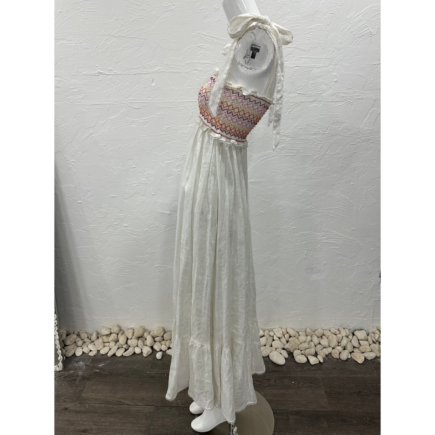 Zimmermann Linen Goldie Rainbow Smocked Tie Maxi Dress White Women's Size 0