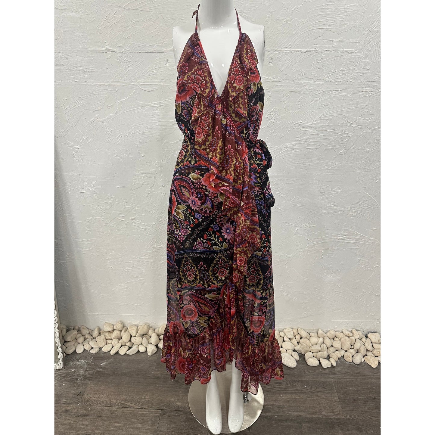 Misa Los Angeles Cotton Paisley Print Ruffle Melany Wrap Midi Dress