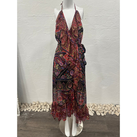 Misa Los Angeles Cotton Paisley Print Ruffle Melany Wrap Midi Dress