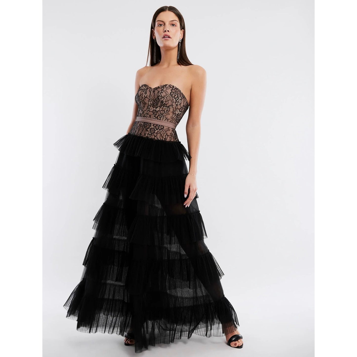 BCBGMAXAZRIA Strapless Floral Lace & Tulle Ruffle Maxi Evening Gown