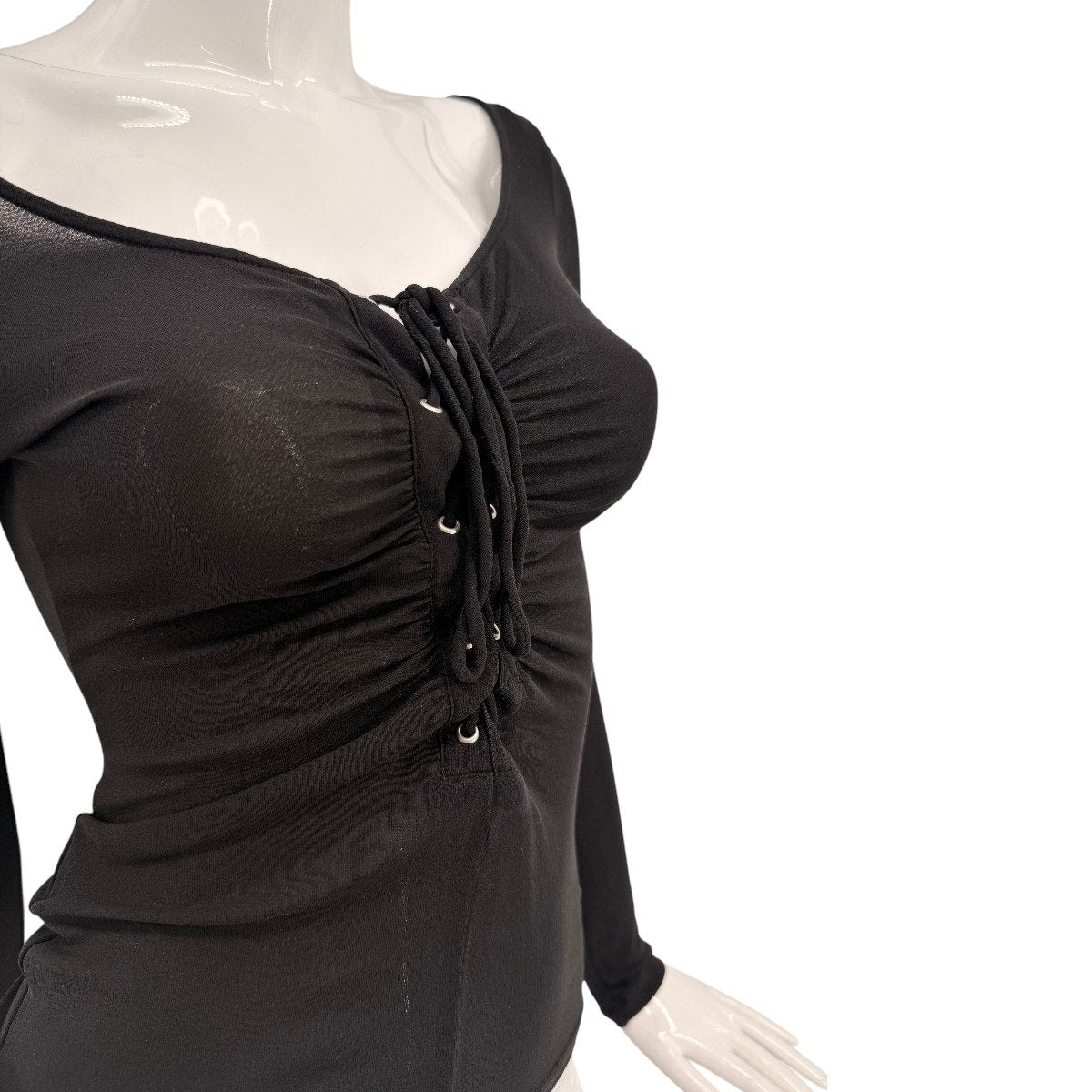 BCBGMAXAZRIA Lace-Up Ruched Mesh Long Sleeve Top Black Women's Size XXS