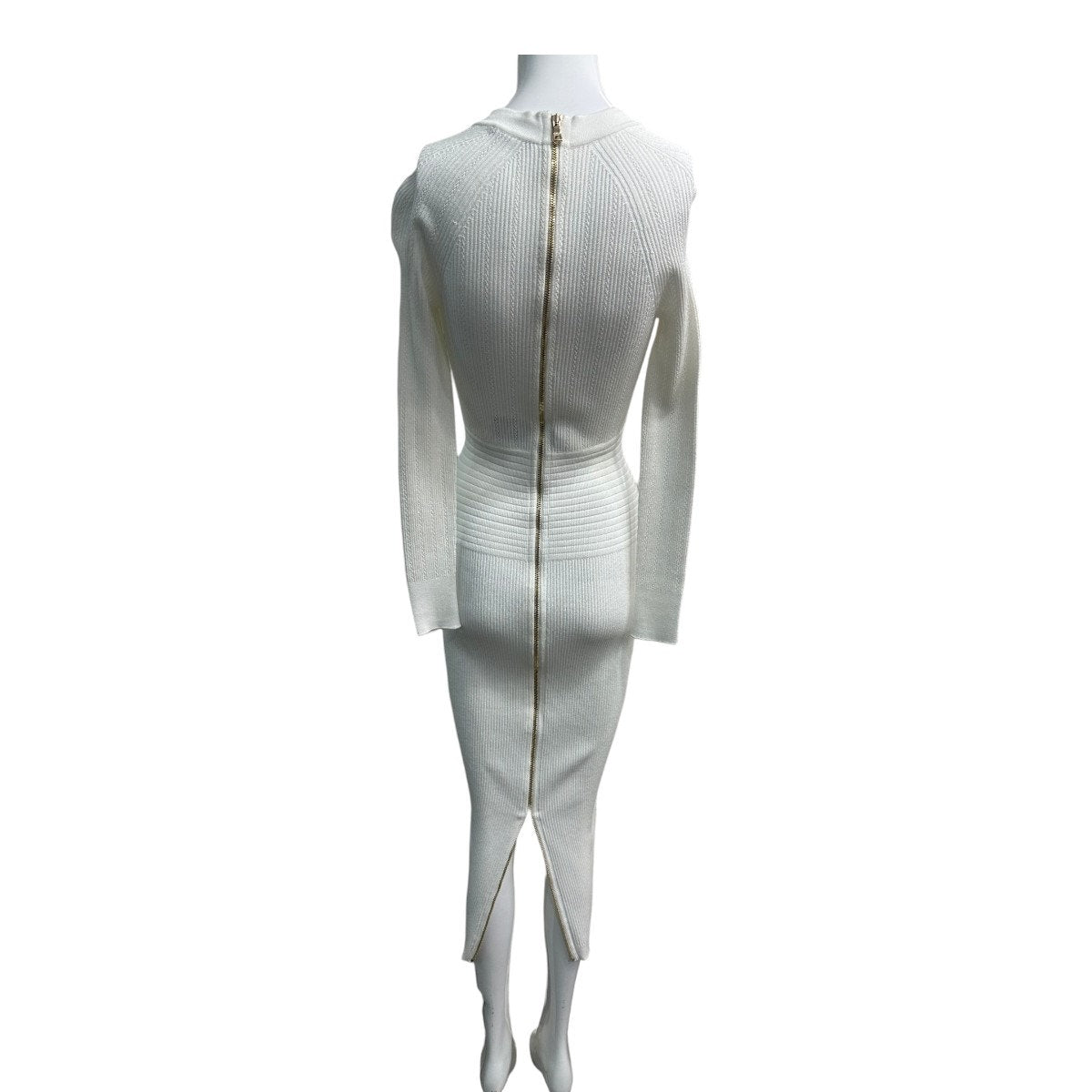 Balmain Ribbed Gold Button Long Sleeve Bodycon Midi Dress