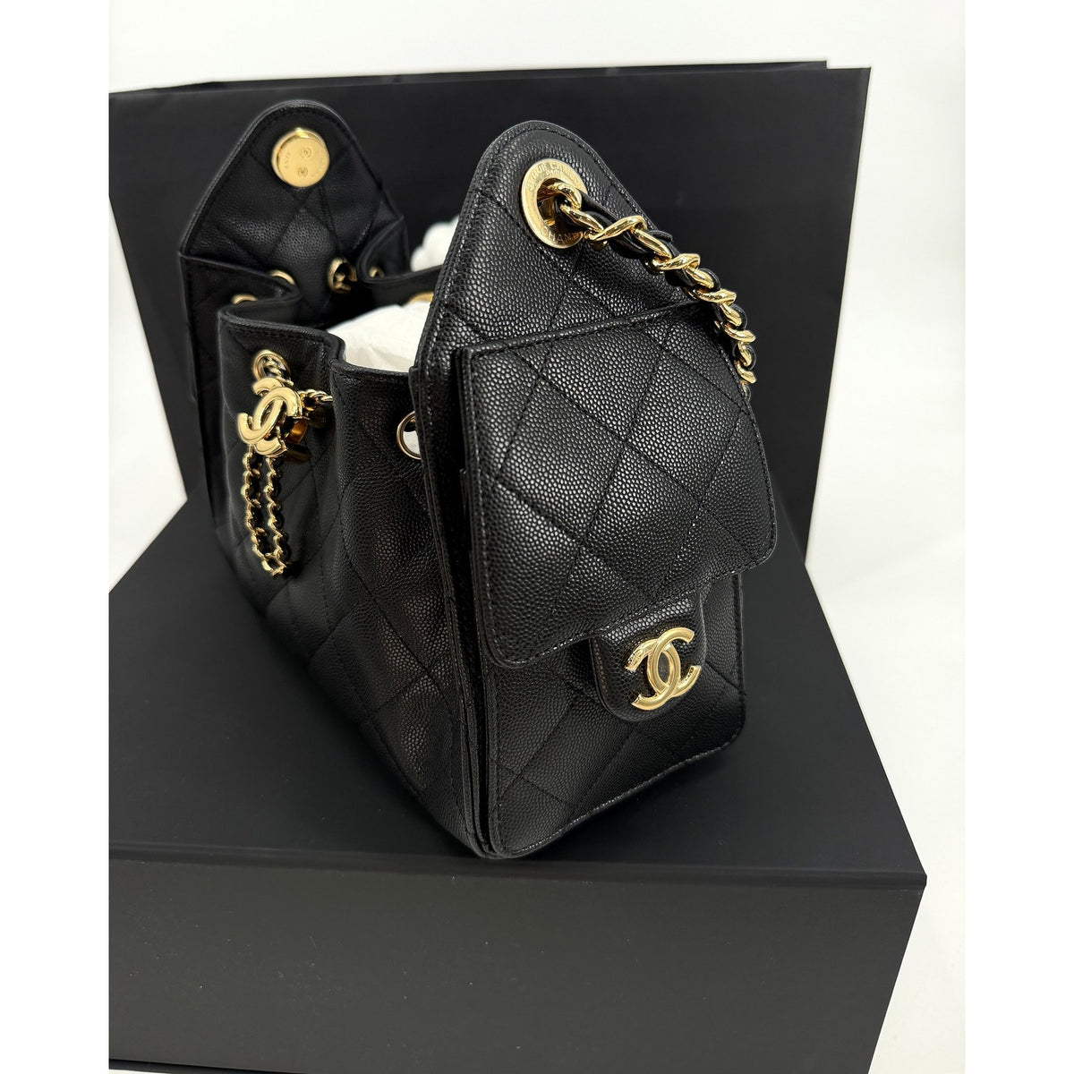Chanel 25 Mini Black Caviar Gold Hardware Hobo Bag 26B AS5631 New Full Set