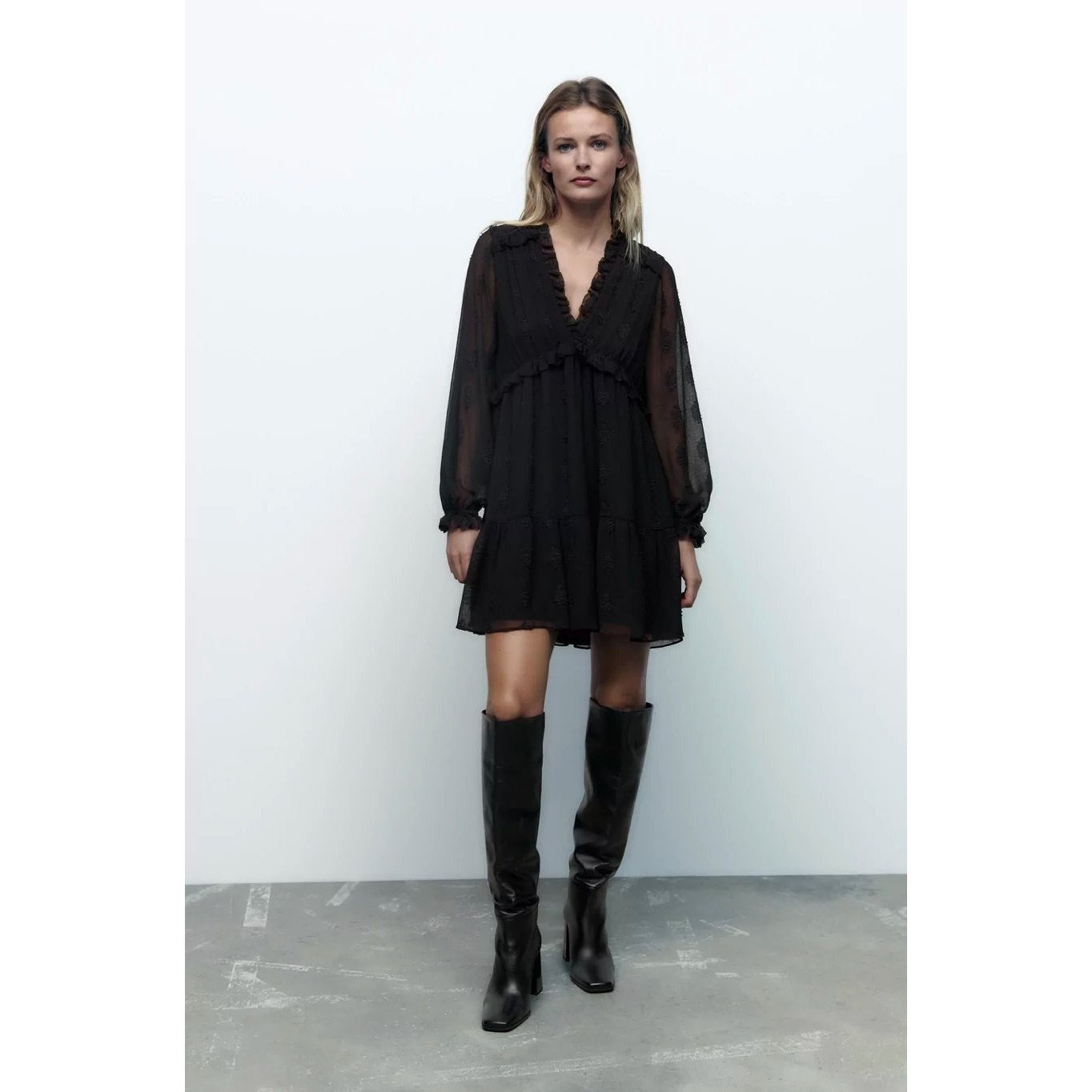 Zara Chiffon Ruffle Accent V- Neck Long Sleeve Mini Dress Women's