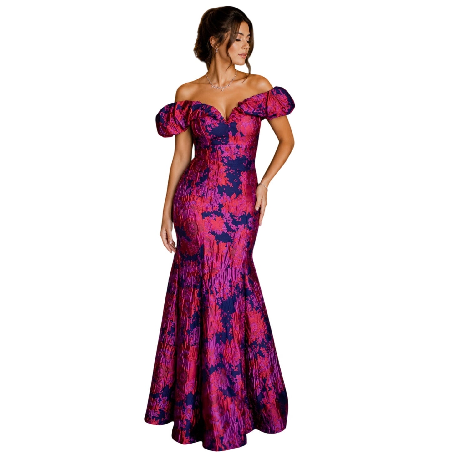 Aidan Mattox Navy Multi Floral Off Shoulder Ruffle Mermaid Gown