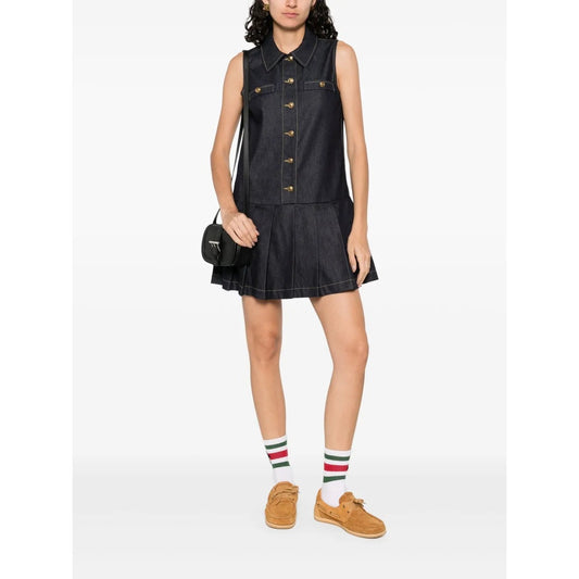 Sandro Cotton Denim Button Accent Pleated Mini Dress