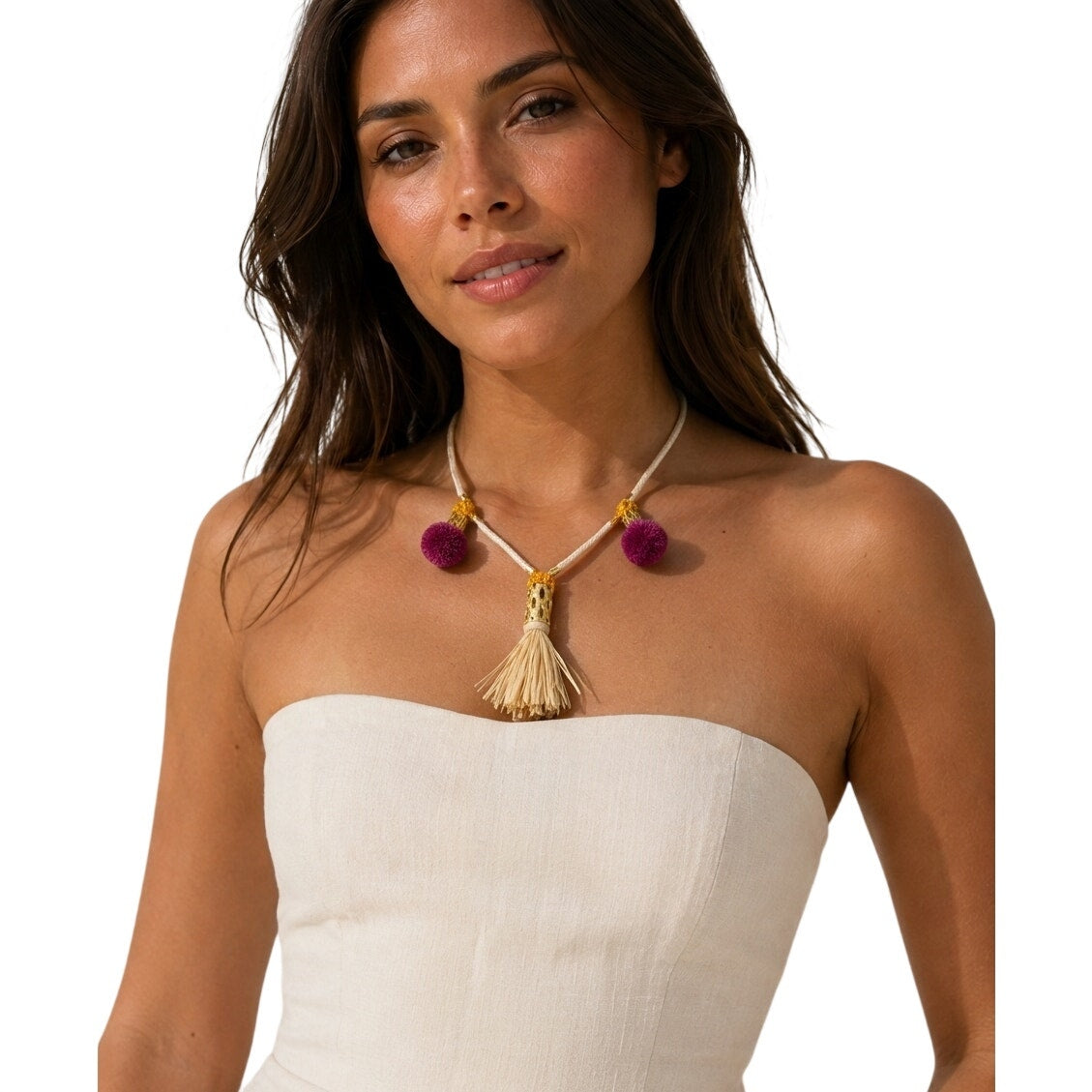 Tory Burch Beige Rope Tassel Statement Necklace Gold Tone Pom Pom