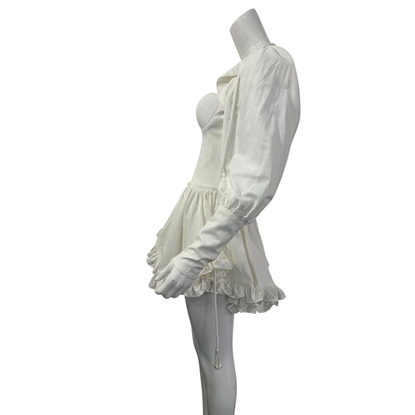 Ivory Atelier Sweetheart Neck Ruffled Hem Puff Sleeves Open Back Mini Dress