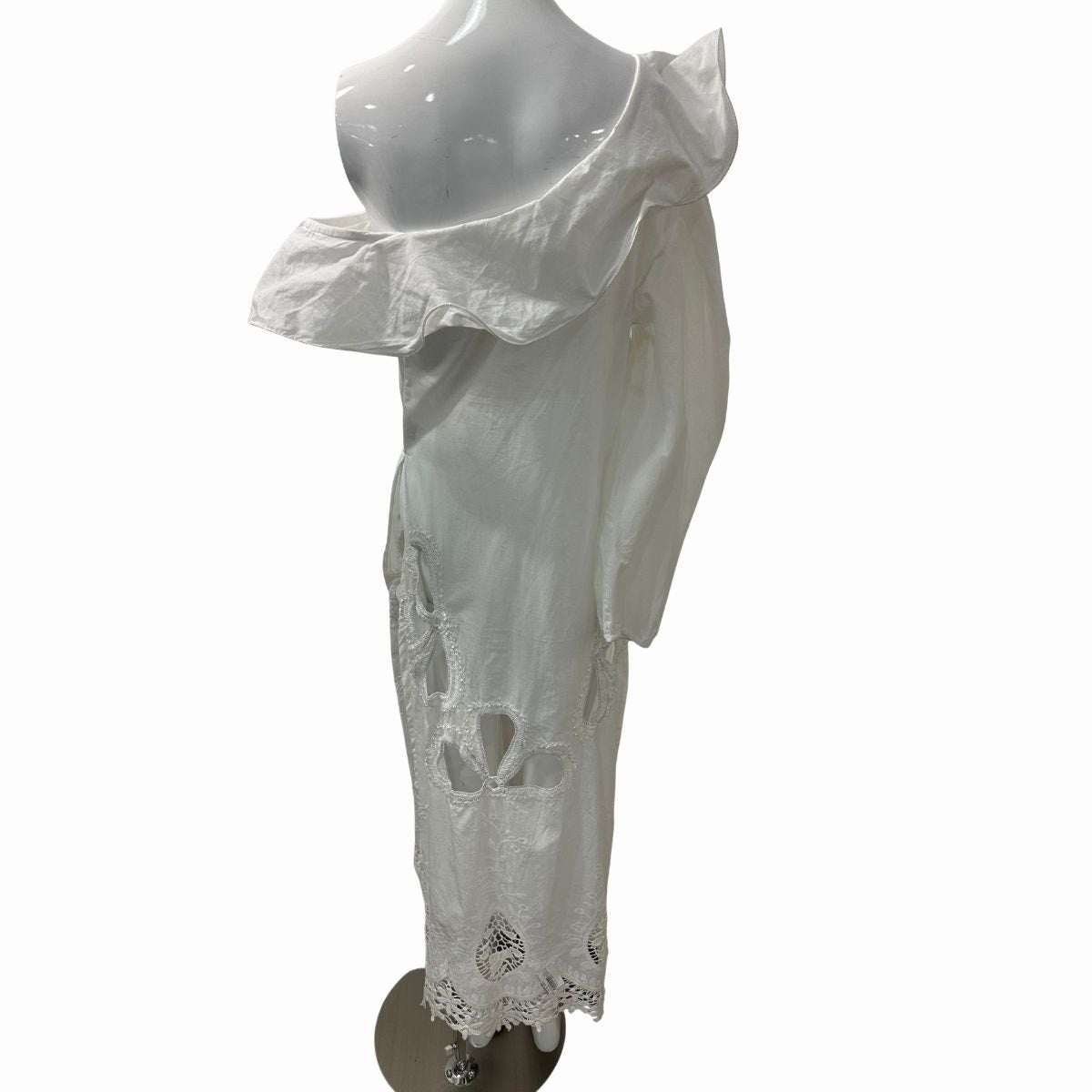 Myriam Annoyave A. Cotton Linen Embroidered Cutout Off One Shoulder Midi Dress