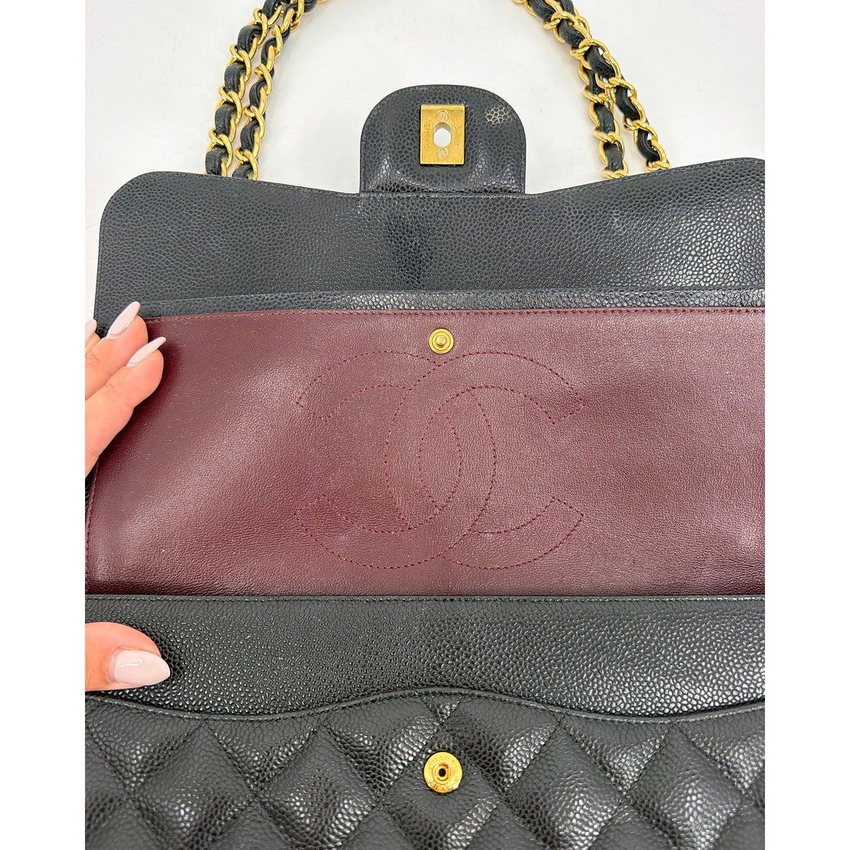 Chanel Classic Double Flap Jumbo Caviar Leather Black Gold Hardware Shoulder Bag
