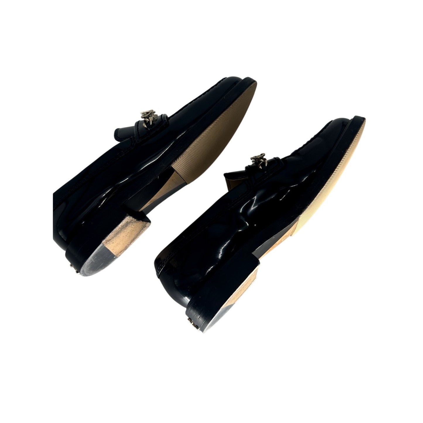 Chanel Patent Leather Logo Chain Flat Loafers