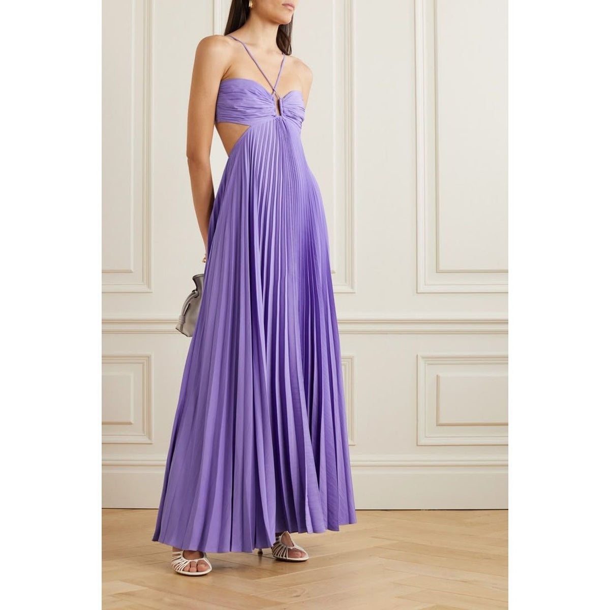 A.L.C. Satin Cut-Out Pleated Moira Maxi A-Line Dress Bellflower