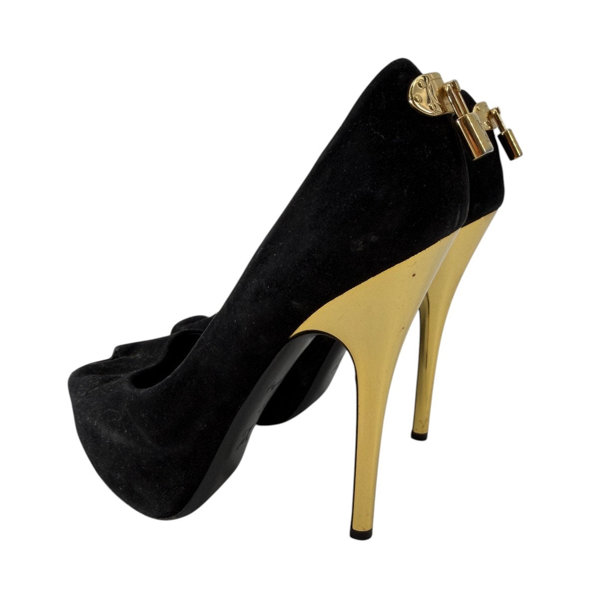 Louis Vuitton Suede Oh Really Heel Lock Peep Toe Pumps Black Women's Size 37