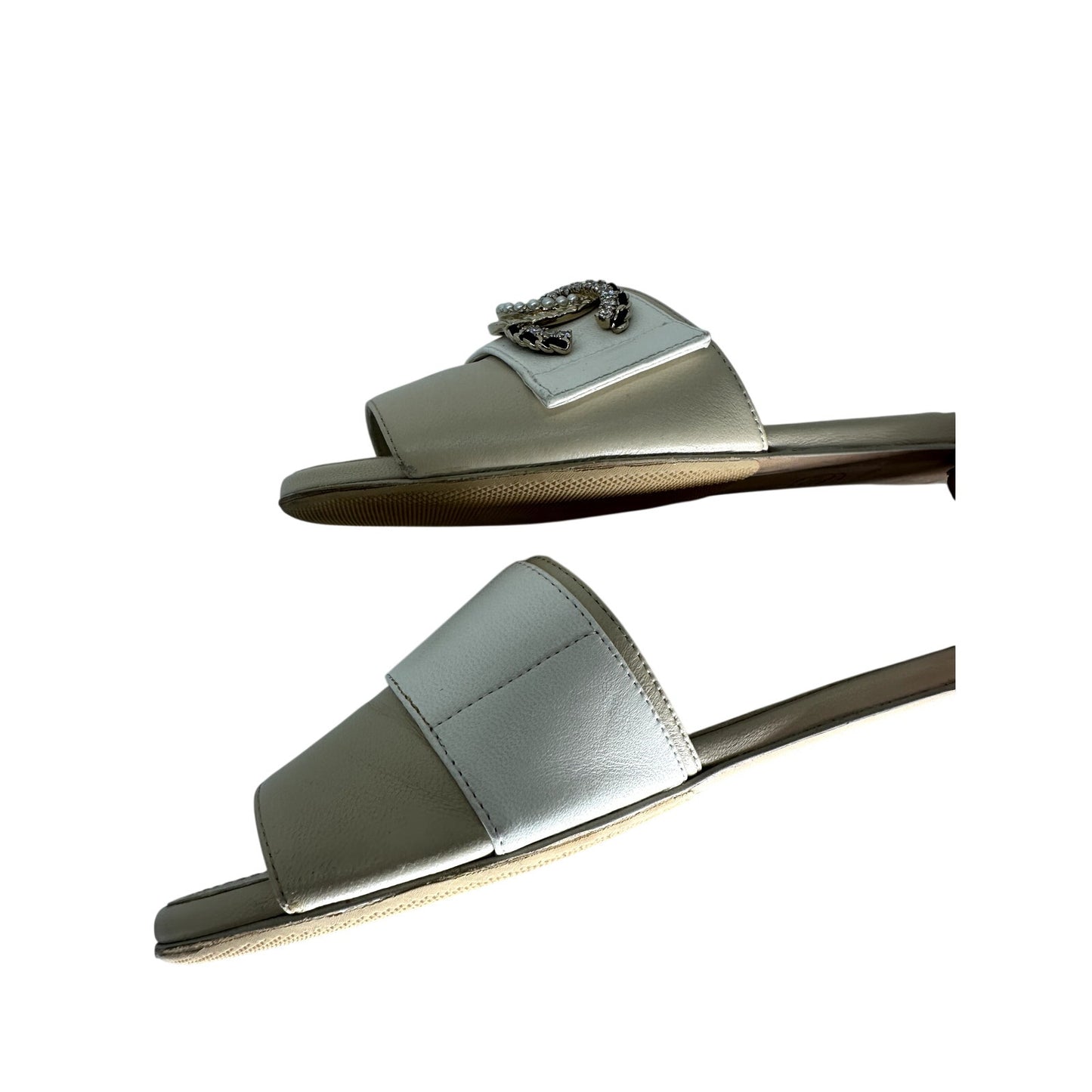 Chanel Leather Pearl Crystal CC Logo Slide Mules
