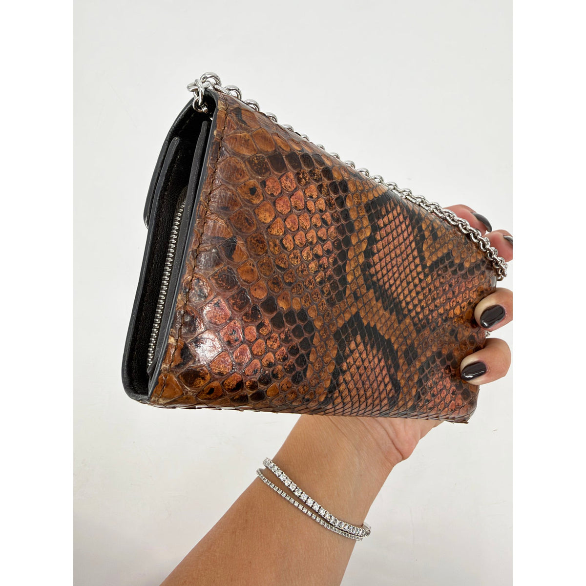 Gucci Python Snakeskin Flap Wallet Brown Silver Turnlock