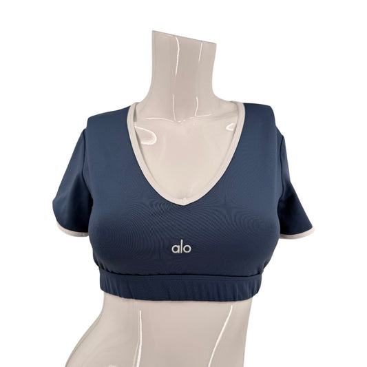 Alo Yoga Airbrush Race Pace V-Neck Short Sleeve Cropped Top Blue Women's Size S