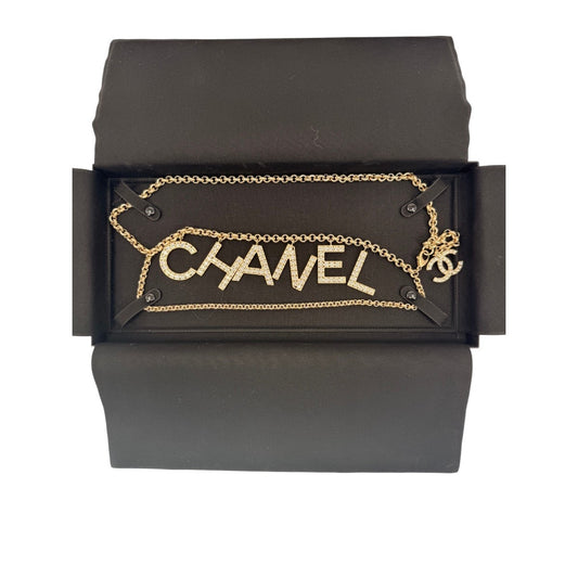 Chanel Crystal Logo Double Chain Belt Gold Women's Size 80